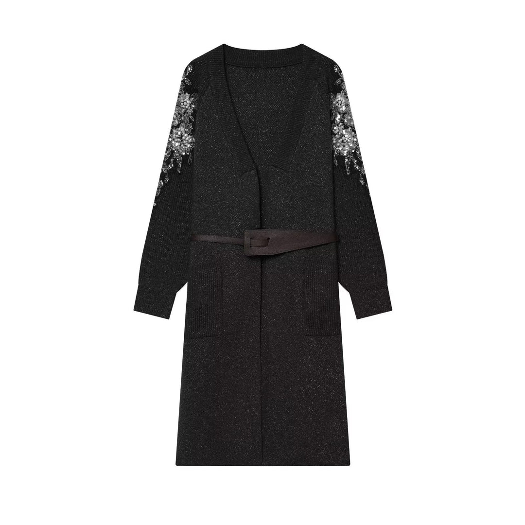 Damen Lange Strickmantel-Cardigan mit Taillengürtel und Paillettenärmeln Shop Nory