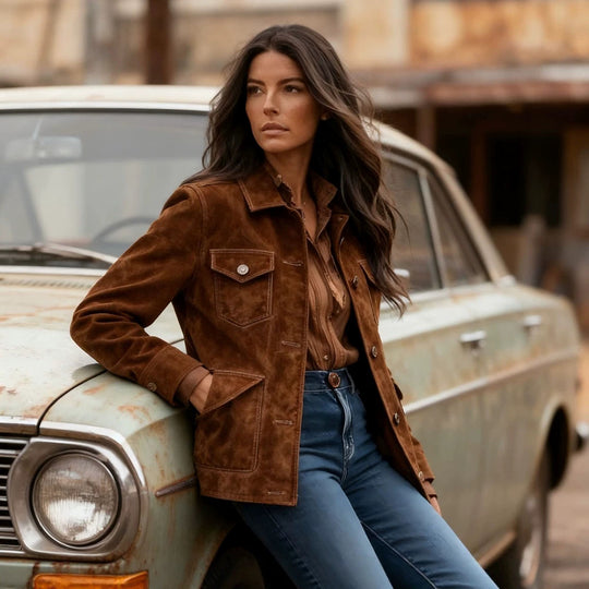 Damen Kurzjacke im Ranch‑Worker‑Look aus Wildlederoptik mit Pattentaschen und sichtbarer Knopfleiste Shop Nory