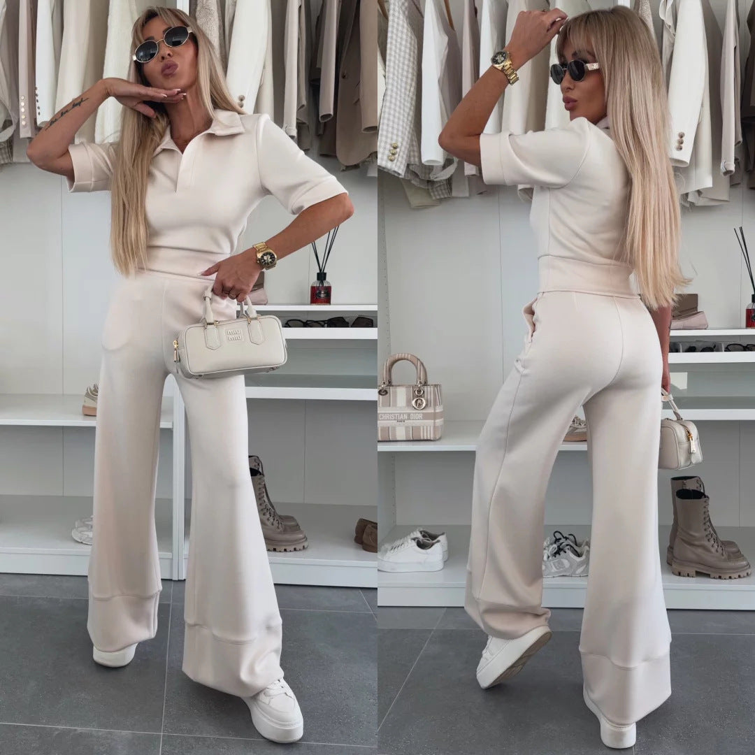 Damen Elegantes Scuba-Loungewear-Set mit Polokragen und taillenhoher Palazzo-Hose Shop Nory