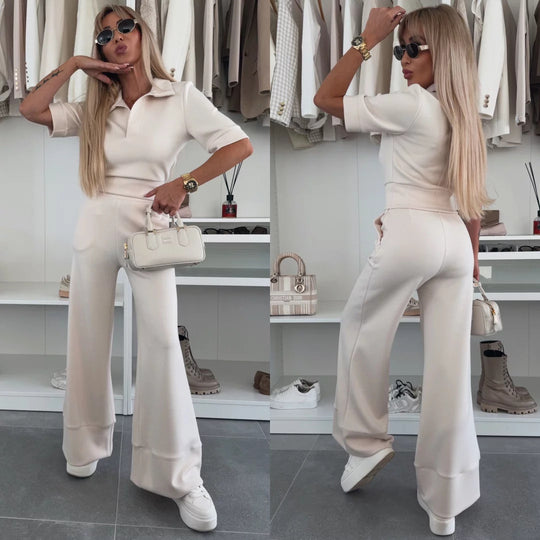Damen Elegantes Scuba-Loungewear-Set mit Polokragen und taillenhoher Palazzo-Hose Shop Nory