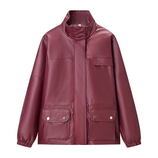 Damen Wasserabweisende Kunstleder-Utility-Jacke mit Stehkragen und aufgesetzten Pattentaschen Shop Nory