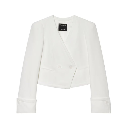 Damen gekürzter doppeltreihiger Blazer mit V‑Ausschnitt und Umschlagärmeln Shop Nory