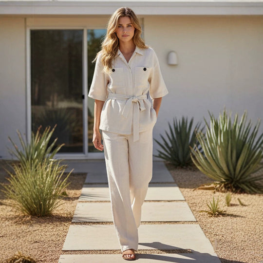 Damen Leichtes Hemdjacken-Set mit Bindegürtel und weiter Palazzo‑Hose Shop Nory