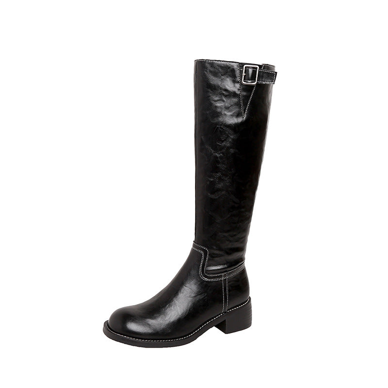 Damen kniehohe Lederstiefel mit Zierriegel, kontrastierender Naht und niedrigem Blockabsatz Shop Nory