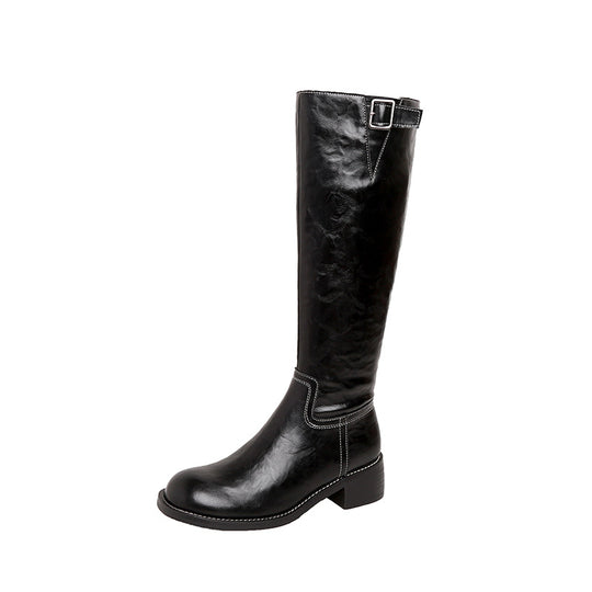 Damen kniehohe Lederstiefel mit Zierriegel, kontrastierender Naht und niedrigem Blockabsatz Shop Nory