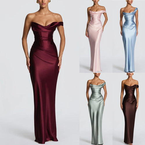 Damen Elegantes Maxikleid mit asymmetrischem Oberteil und fließendem Satin Shopnory