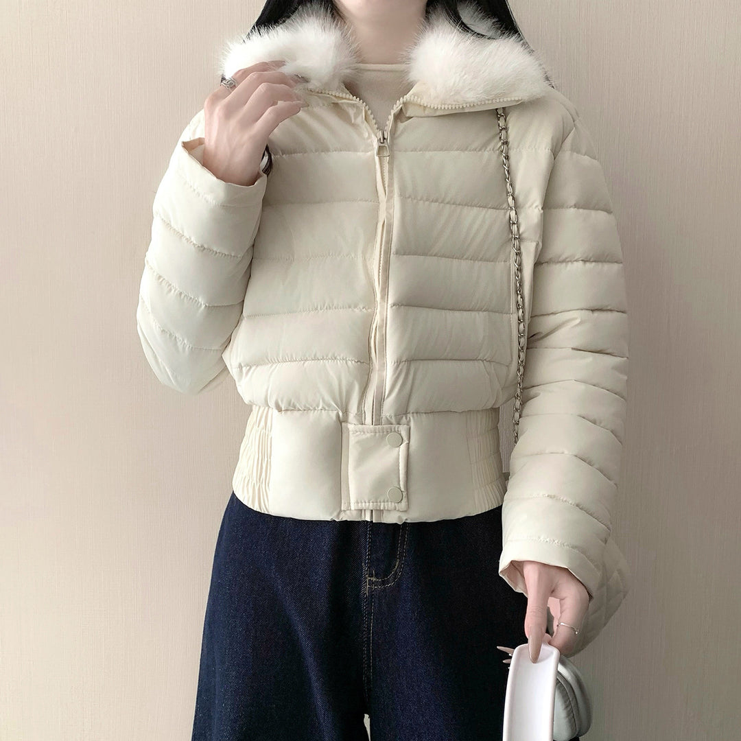 Damen nan kurze wattierte Taillenjacke mit abnehmbarem Kunstfellkragen und verstärktem Saum Shop Nory