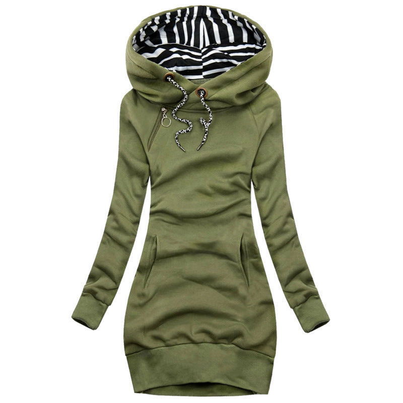 Damen Hoodie-Midi-Kleid mit weitem Funnel-Neck, gestreifter Innenseite und Kängurutaschen Shop Nory
