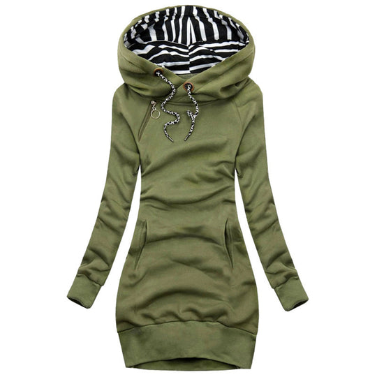 Damen Hoodie-Midi-Kleid mit weitem Funnel-Neck, gestreifter Innenseite und Kängurutaschen Shop Nory