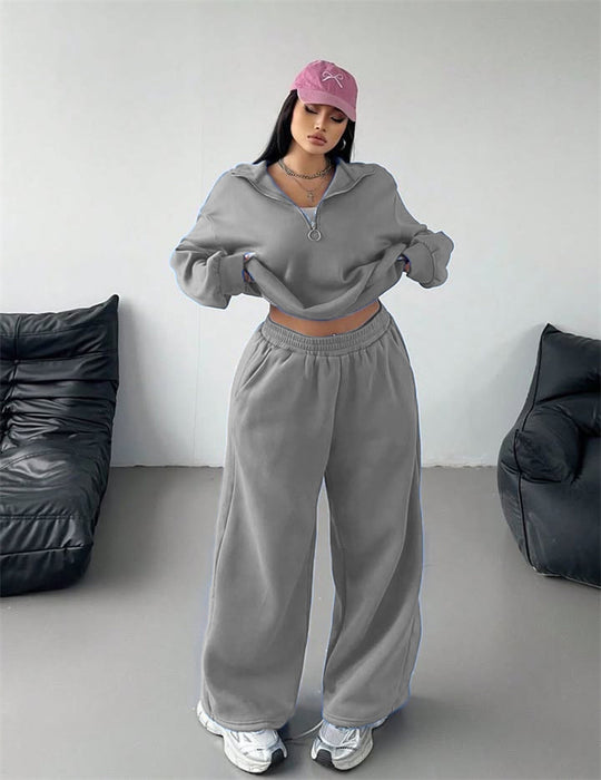 Damen Samt-Cropped-Ziphoodie und weit geschnittene High-Waist Palazzo-Jogginghose Shop Nory
