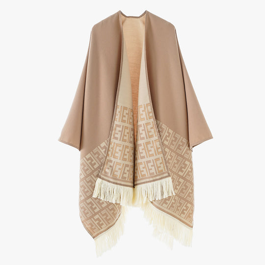 Damen Wendbarer Jacquard-Capeüberwurf mit Monogramm‑Bordüre und Fransen Shop Nory