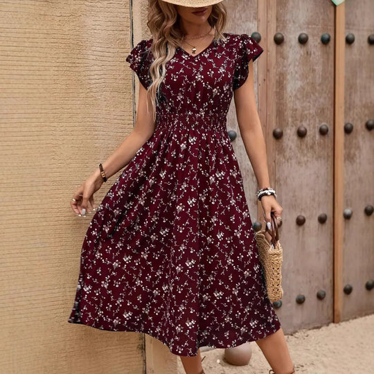 Damen Midikleid mit elastischem Tailleneinsatz und Rüschenärmeln
