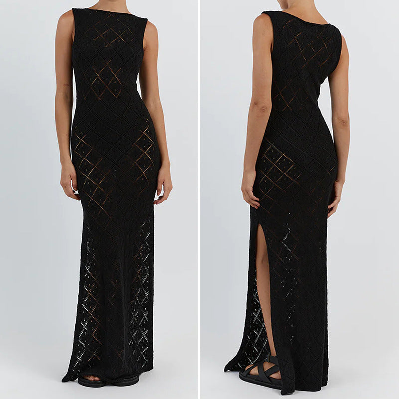 Damen Häkelkleid mit kreativem Rautenmuster und ärmellosem Schnitt