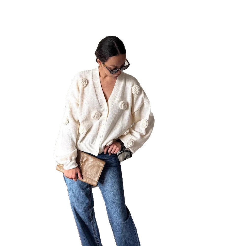 Damen Oversize-Strickcardigan mit dreidimensionalen Rosenapplikationen und V-Ausschnitt Shop Nory