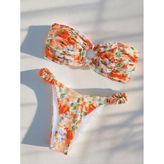 Damen Bandeau-Bikini mit romantischem Rüschendesign und verführerischem Blumenmuster
