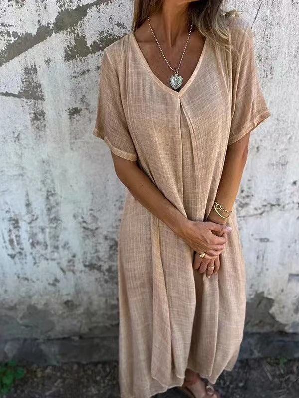 Damen lässiges Maxikleid aus leichtem Stoff mit V-Ausschnitt und kurzem Arm