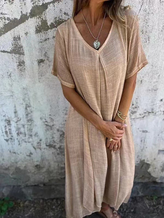 Damen lässiges Maxikleid aus leichtem Stoff mit V-Ausschnitt und kurzem Arm