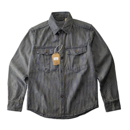Herren Leichte gestreifte Denim-Worker-Hemdjacke mit aufgesetzten Pattentaschen Shop Nory