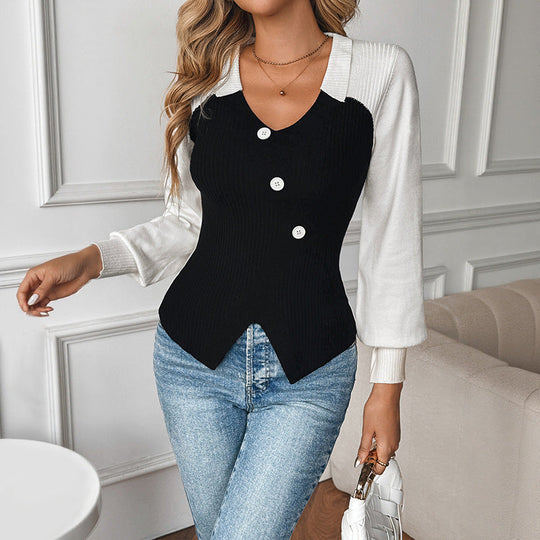 Damen Figurbetonte Strickbluse mit kontrastierenden Ärmeln, V‑Ausschnitt und asymmetrischer Knopfleiste Shop Nory