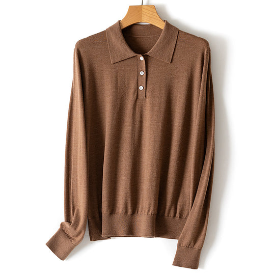 Damen Feiner Langarm-Polo-Pullover aus Feinstrick mit Knopfleiste Shop Nory
