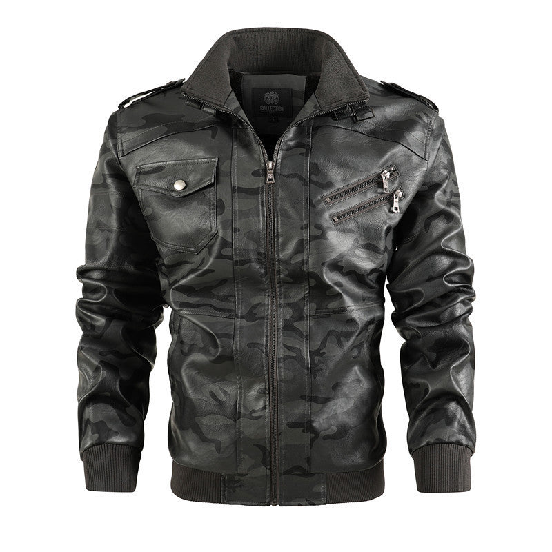 Herren Camouflage Kunstleder-Bomberjacke mit Schulterklappen, Reißverschlusstaschen und Rippsaum Shop Nory
