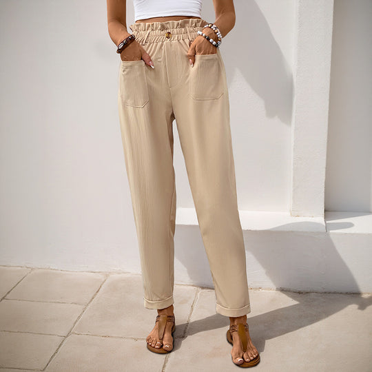 Damen Hochtaillierte Paperbag-Hose mit elastischem Bund, aufgesetzten Taschen & konischem Bein Shop Nory