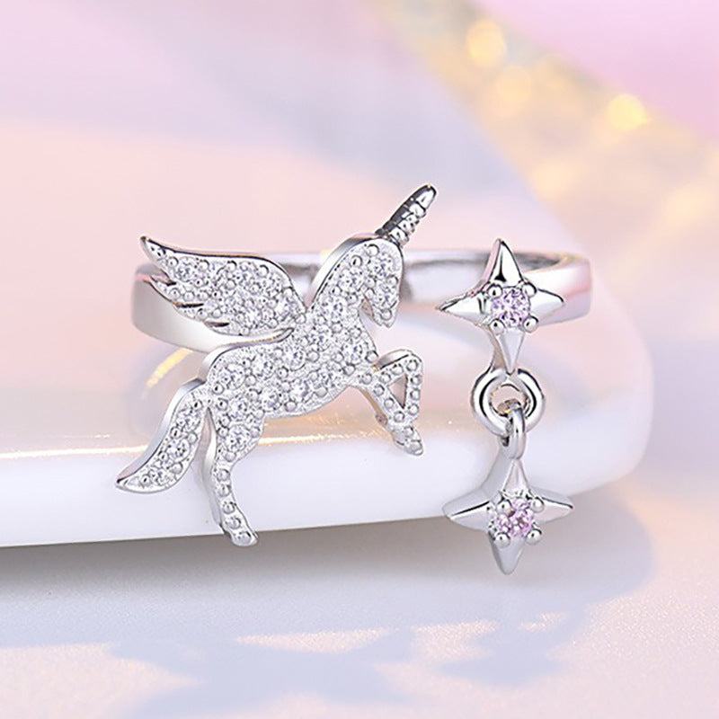 Damen offener Ring mit einzigartigem Einhorn-Design und funkelnden Sternen Shop Nory