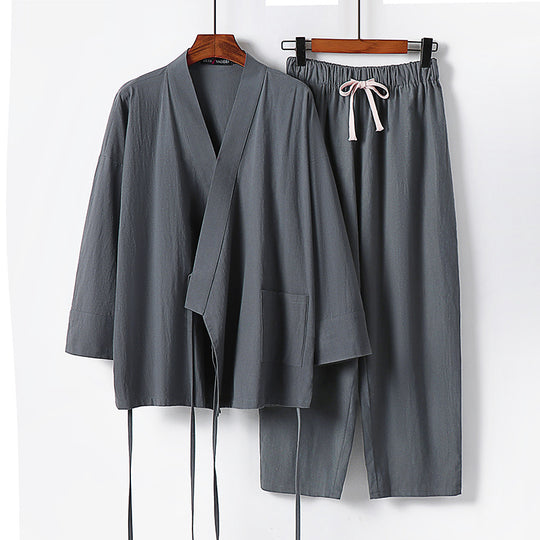 Unisex Leichtes Kimono-Lounge-Set aus weichfallendem Baumwoll-Mix mit Tunnelzughose Shop Nory