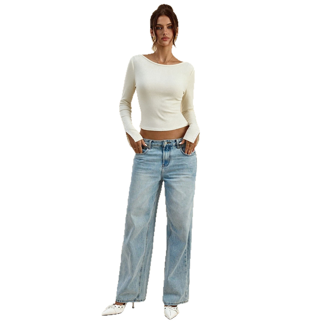 Damen geripptes Waffelstrick-Longsleeve mit U-Boot-Ausschnitt, figurbetonter Passform und Spitzenmanschetten Shop Nory