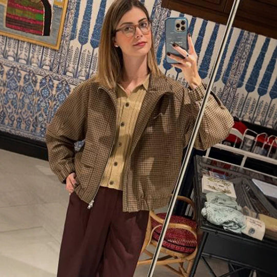 Damen Boxy-Kurzjacke im Glencheck mit elastischem Saum und Reißverschluss Shop Nory