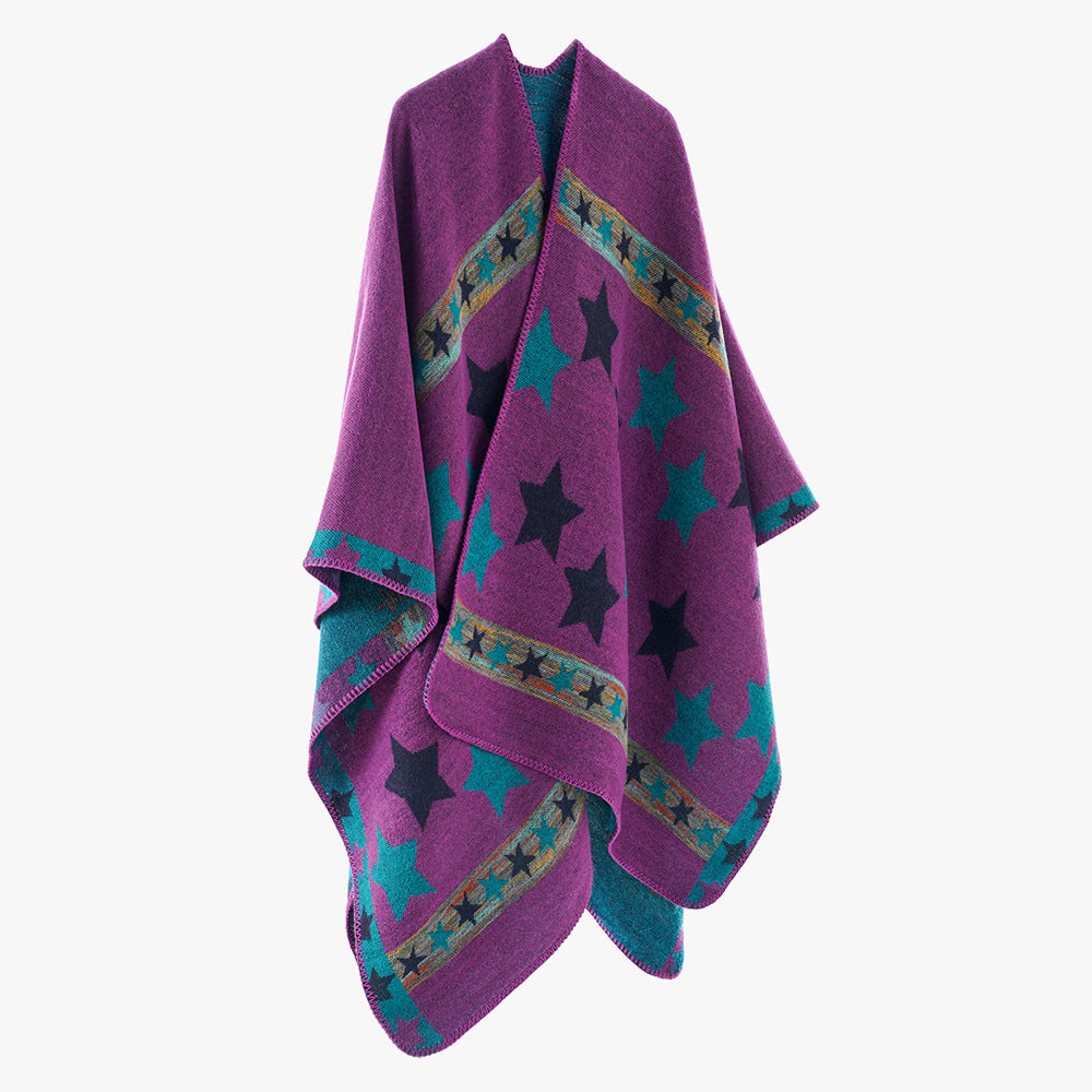 Damen Oversize-Capeponcho aus Wollmix mit zweilagigem Stern‑Jacquard und dekorativer Kettelnaht Shop Nory