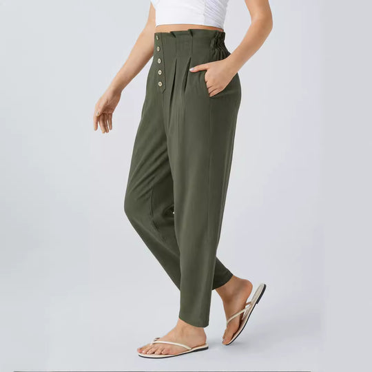 Damen Hochtaillierte Bundfalten-Leinenhose mit dekorativer Knopfleiste Shop Nory