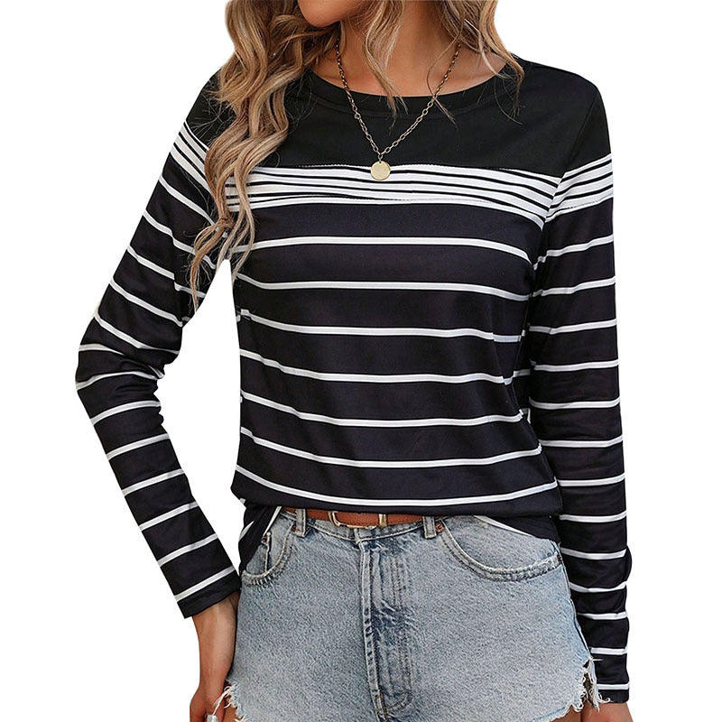 Damen Gestreiftes Langarmshirt mit Rundhalsausschnitt und kontrastiertem Yoke Shop Nory