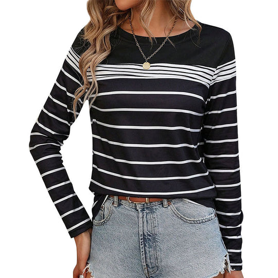 Damen Gestreiftes Langarmshirt mit Rundhalsausschnitt und kontrastiertem Yoke Shop Nory