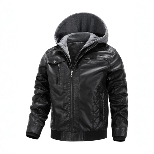 Herren Kunstleder-Bikerjacke mit abnehmbarer Kapuzenblende und gesteppter Seitenpartie Shop Nory