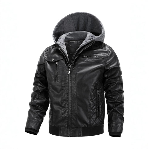Herren Kunstleder-Bikerjacke mit abnehmbarer Kapuzenblende und gesteppter Seitenpartie Shop Nory