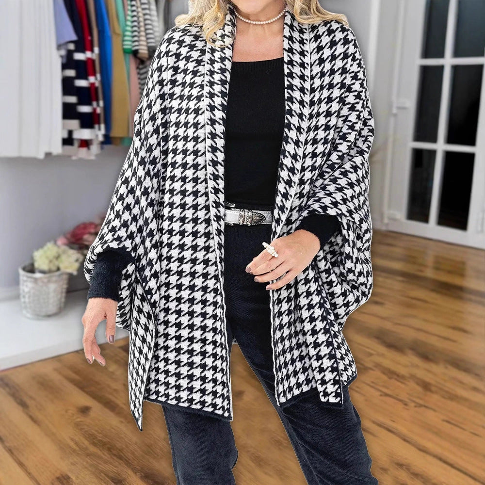 Damen Oversized Poncho mit Hahnentritt-Muster und offenem Schalkragen Shop Nory