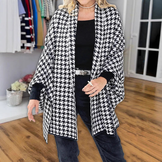 Damen Oversized Poncho mit Hahnentritt-Muster und offenem Schalkragen Shop Nory