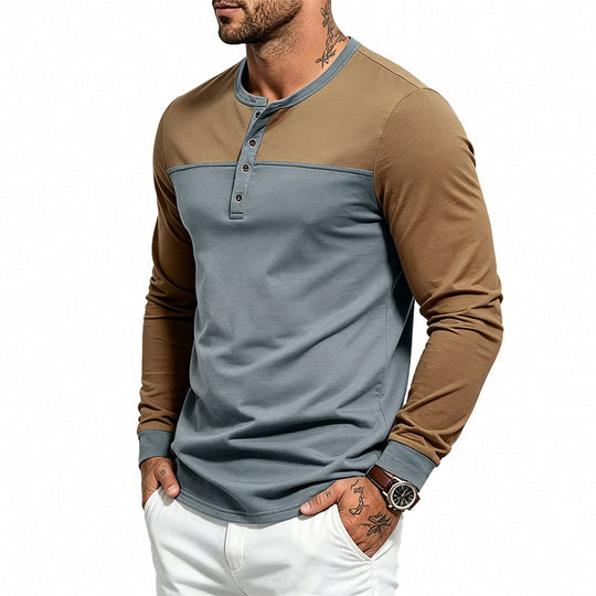 Herren Slim-Fit Henley-Langarmshirt mit Kontrastpaneel und Metallknopfleiste Shop Nory