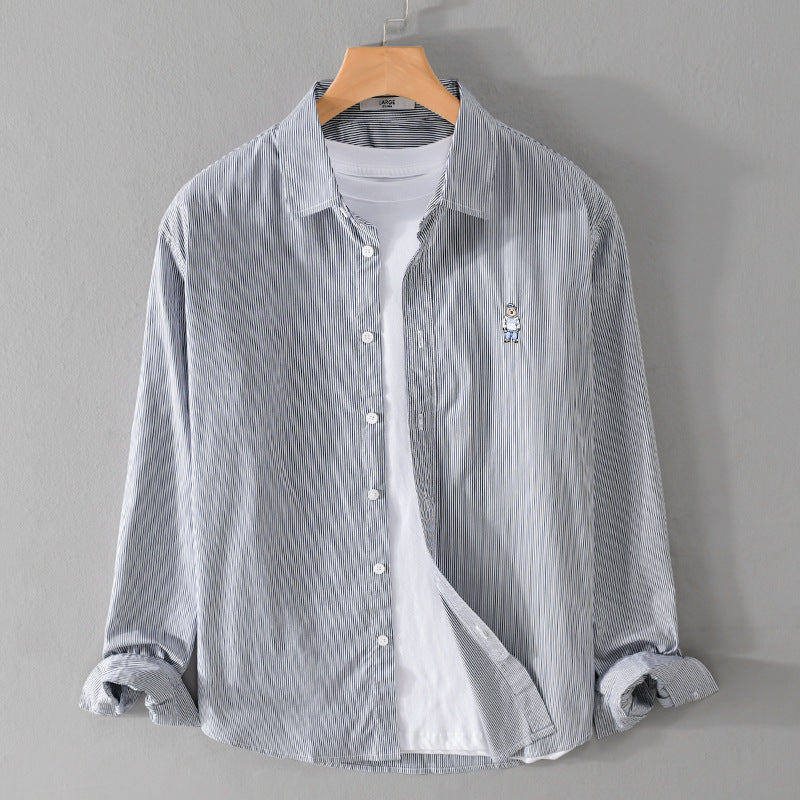Herren Gestreiftes Baumwollhemd mit feiner Stickerei und relaxed Schnitt Shop Nory