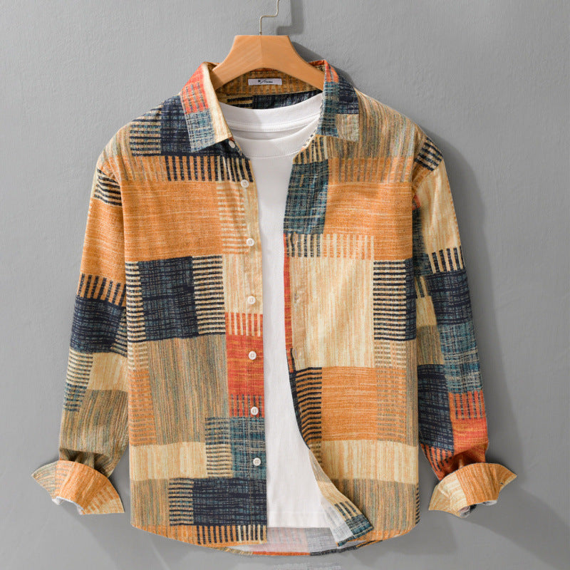 Herren Gemustertes Langarm-Hemd im Patchwork-Look aus leichtem Baumwollmix Relaxed Fit Shop Nory