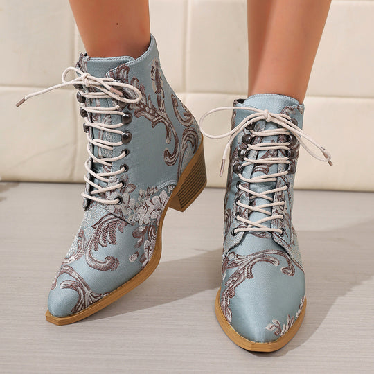Damen bestickte Schnür-Stiefelette mit Jacquard-Brokatmuster und niedrigem Blockabsatz Shop Nory
