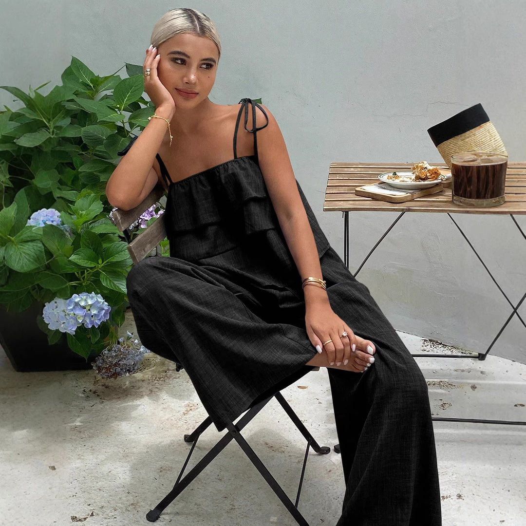 Damen Zweiteiliges Leinenoptik-Set mit mehrlagigem Volant-Top und weiten Palazzo-Hosen Shop Nory