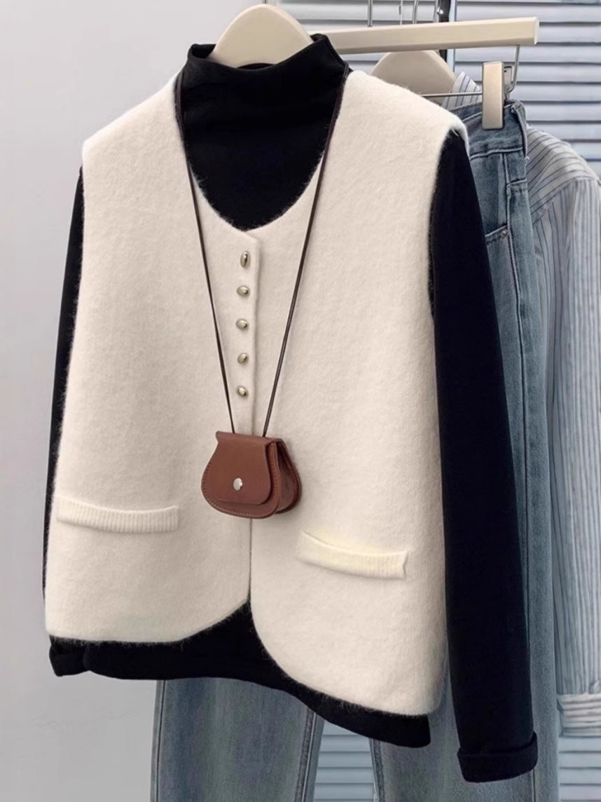 Damen Kurzgeschnittene Ärmellose Strickweste mit Perlenknopfleiste und aufgesetzten Taschen Shop Nory