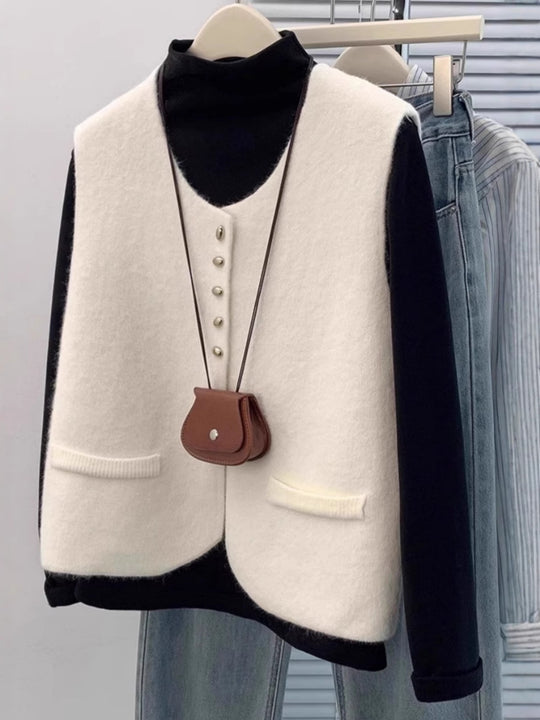 Damen Kurzgeschnittene Ärmellose Strickweste mit Perlenknopfleiste und aufgesetzten Taschen Shop Nory