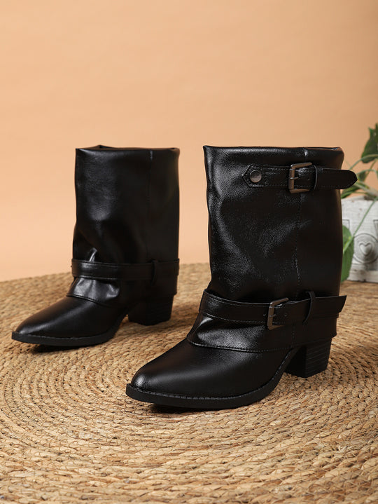 Damen halbhohe Stiefel mit dekorativen Schnallenriemen und Blockabsatz Shop Nory