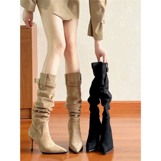 Damen Kniehohe Stiefel mit gerafftem Schaft, spitzer Zehenpartie und schmalem Stiletto Shop Nory
