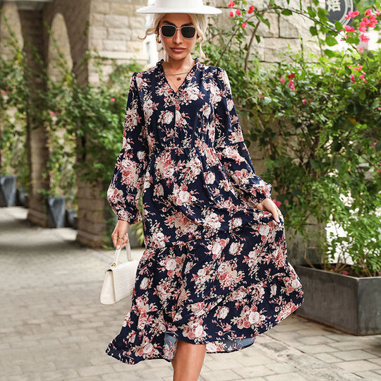 Damen Blumiges Viskose-Midikleid mit V‑Ausschnitt, Taillennaht und Stufenrock Shop Nory