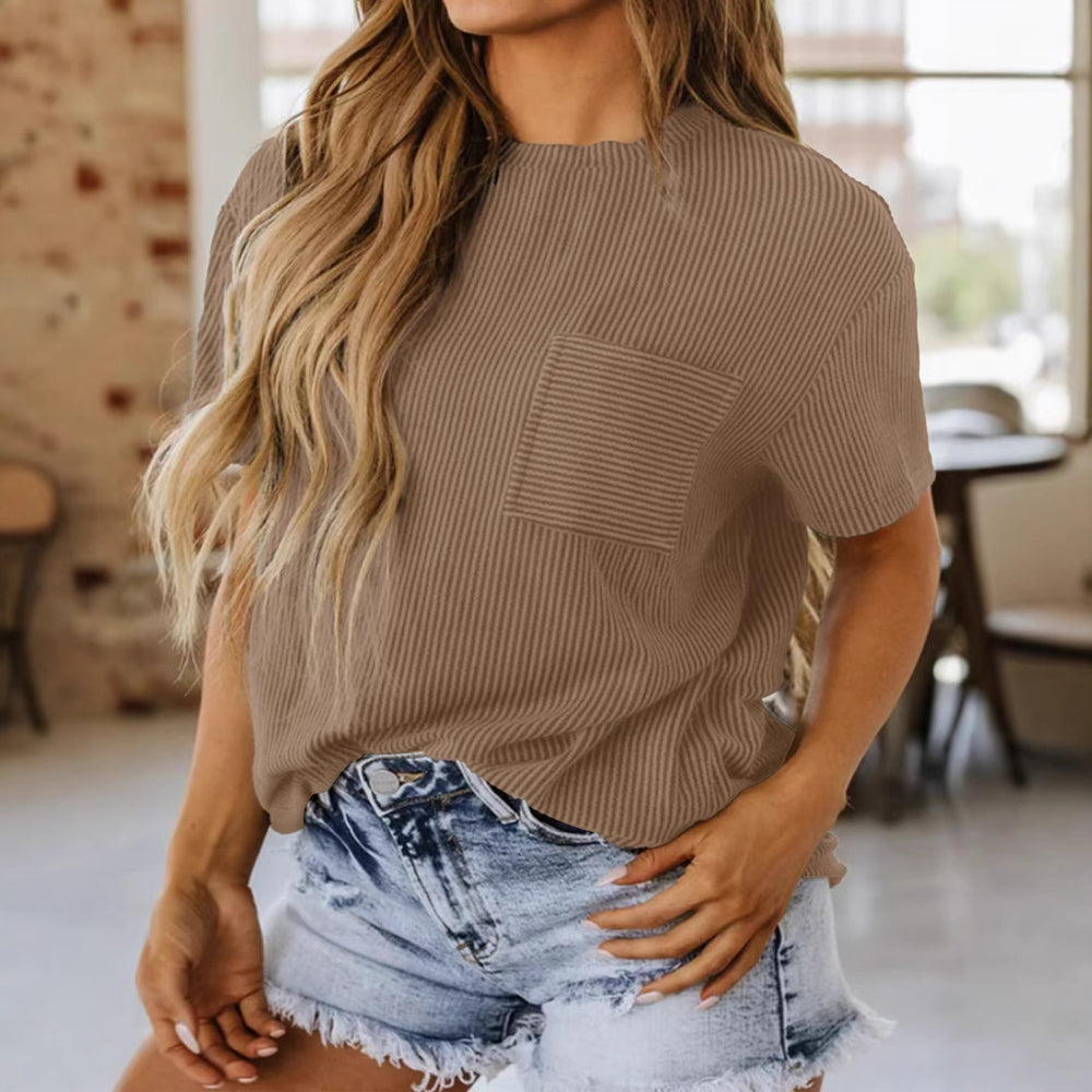 Damen Rippstrick-Kurzarmshirt mit Brusttasche und lockerem Schnitt Shop Nory