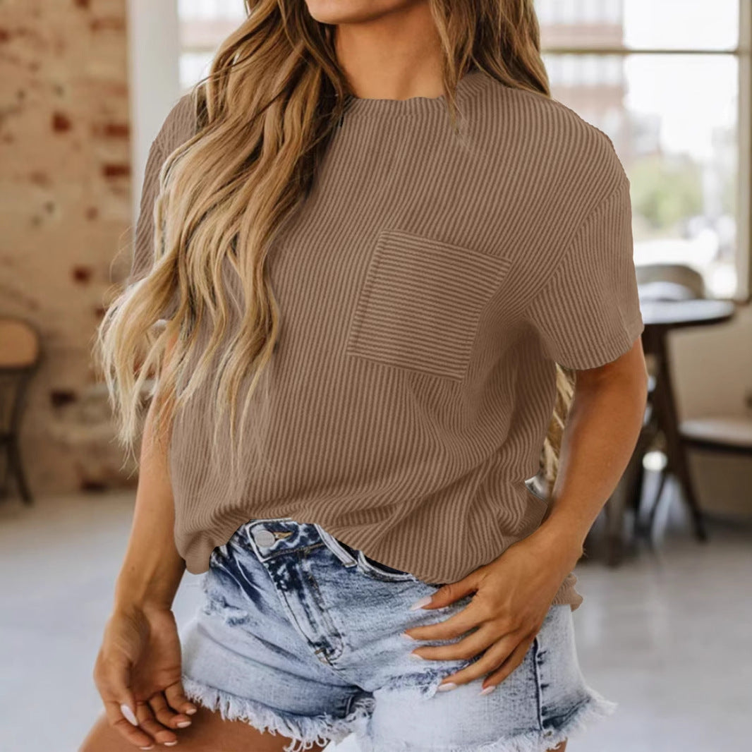 Damen Rippstrick-Kurzarmshirt mit Brusttasche und lockerem Schnitt Shop Nory